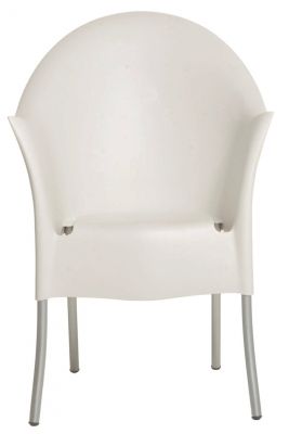 Weißer Lord Yo Armlehnstuhl von Driade mit silberfarbenen Beinen, modernes Design für Wohnzimmer und Garten.